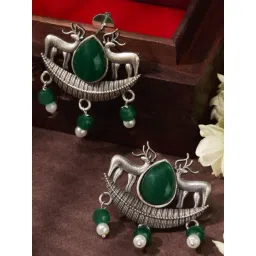 Priyaasi Green Emerald Studded Contemporary Oxidised Chand Bali Earring-picture-34