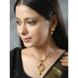 Priyaasi Pink & Golden Necklace & Earring Set-picture-33