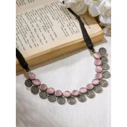 Priyaasi Pink Brass Silver-Plated Quartz Stone Studded Oxidised Necklace-picture-34