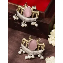 Priyaasi Pink Crystal Stone Studded & Beaded Contemporary Chand Bali Earring-picture-24