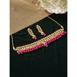 Priyaasi Pink Kundan Stone Studded & Beaded Necklace & Earring Set-picture-31