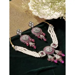 Priyaasi Pink Stone Studded & Pearls Beaded Necklace & Earring Set-picture-35