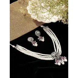 Priyaasi Pink Stones Studded & Pearl Beaded Necklace & Earring Set-picture-31