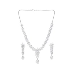 Priyaasi Silver-Plated American Diamond and Pearls Studded Jewellery Set in Floral Pattern image 4