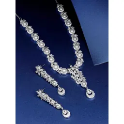 Priyaasi Silver-Plated American Diamond and Pearls Studded Jewellery Set in Floral Pattern image 1