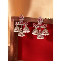 Priyaasi Silver Plated Artificial Stones and Beads Studded Contemporary Drop Earrings-picture-16