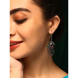 Priyaasi Silver-Plated Artificial Stones Oxidized Peacock Shaped Drop Earrings-picture-20