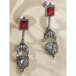 Priyaasi Silver-Plated Contemporary Oxidised Ruby Stone Studded Drop Earrings-picture-19