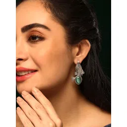Priyaasi Silver Plated Onyx Fish Shaped Oxidized Drop Earrings-picture-33
