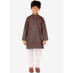 Pro-Ethic STYLE DEVELOPER Boys Green Floral Printed Pure Cotton Kurta with Pyjamas-picture-58