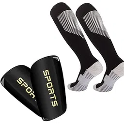 Proberos® Football Shin Guards & Sock Set for Kids, 13.5 Inches Knee High Compression Sport Socks Girls 10-15 Years Old Sweat Absorption Elastic Long Soccer, Football, Black-Black-L-picture-22