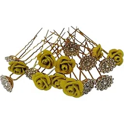 productmine Bridal Hair Bun Pin Accessories/Fancy Golden Juda Pins with Artificial Yellow Rose and Clear Rhinestone for Women and Girls - Set of 16 PCs-picture-15