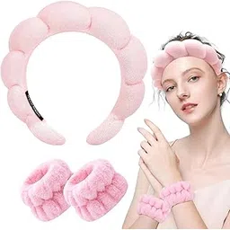 prokit.in Women's Spa Facial Care Set, Pink Plush Headband and Wristbands, 3 Piece Beauty Accessories for Makeup, Face Washing, Skincare-picture-56