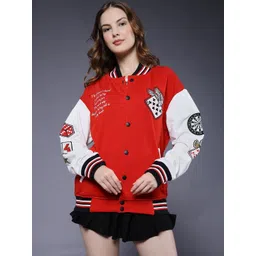 PRONK Women Red Cards Varsity Long Sleeves Embroidered Bomber Jacket-picture-25