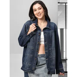 PRONK Women Washed Checked Cotton Longline Denim Jacket with Patchwork-picture-16