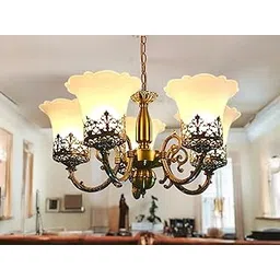 Prop It Up 5 Portuguese Style Antique Brass Finished Ceiling Suspended Mounted Pendant Hanging Chadelier Lamp Crown Design with Frosted Glass Shade-image-11