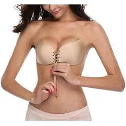 przone Women's Lightly Padded Self Adhesive Strapless Bandage Underwire Backless Solid Invisible Stick Gel Silicone Push Up Underwear Bra-Free Size(Beige)-picture-30