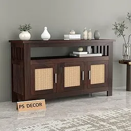 PS DECOR Sheesham Wood Kitchen Cabinet with Cane Woven Doors | Solid Wood Storage Sideboard with Open Shelf & 3 Door Cabinet | Rosewood Storage Cabinet for Living Room (Walnut Finish)-picture-13