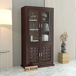 PS DECOR Solid Sheesham Wood Book Shelf with Acrylic Glass Doors and Storage Cabinet | Rosewood Display Unit with 4 Doors for Living Room & Office (Walnut Finish)-picture-19