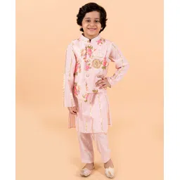Pspeaches Full Lurex Balance Striped Kurta With Vintage Roses Printed & Placement Floral Embroidered Waistcoat & Pyjama - Pink-picture-15