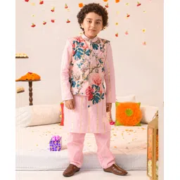 Pspeaches Full Sleeves Lurex Striped Kurta With Pyjama With Seamless Vintage Floral Printed Asymmetrical Hem Jacket - Pink-picture-12