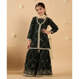 Pspeaches Georgette Three Fourth Sleeves Sequin Embellished Badhani Designed Kurta Sharara Set With Dupatta - Bottle Green-picture-12