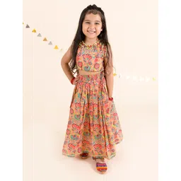 pspeaches Girls Coral & Blue Printed Ready to Wear Cotton Lehenga Choli-picture-18