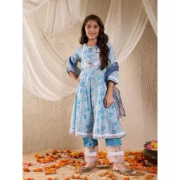 Pspeaches Girls Firozi Cotton Regular Fit Printed Kurta Set-picture-15
