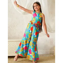 pspeaches Girls Floral Printed Regular Mirror Work Pure Cotton Kurti with Sharara-picture-27