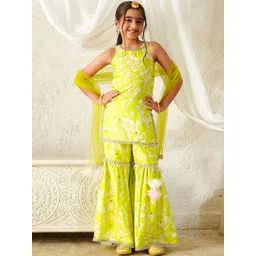 pspeaches Girls Floral Printed Regular Sequinned Pure Cotton Kurta with Sharara & With Dupatta-picture-23