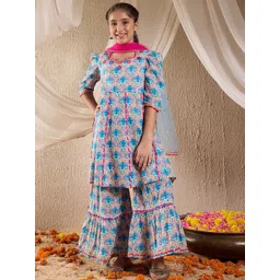 pspeaches Girls Floral Printed Sweetheart Heart Pure Cotton Kurti With Sharara & Dupatta-picture-12