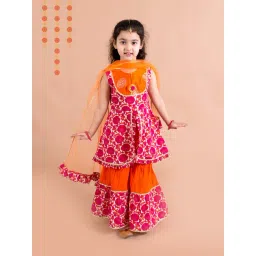 Pspeaches Girls Orange Cotton Regular Fit Floral Print Kurta Set-picture-17