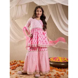 Pspeaches Girls Pink Cotton Regular Fit Printed Kurta Set image 1