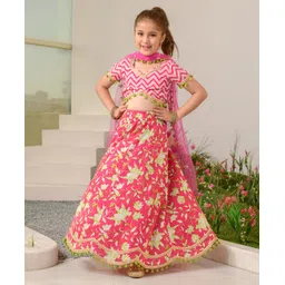 Pspeaches Half Sleeves Chevron Motif Printed Pom Pom Detailed Lehenga Choli With Dupatta - Pink-picture-16