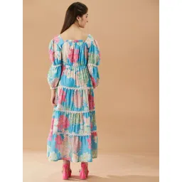 PSPeaches Kids Blue Floral Printed Fit And Flare Tiered Cotton Maxi Dress image 2