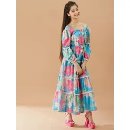 PSPeaches Kids Blue Floral Printed Fit And Flare Tiered Cotton Maxi Dress image 4