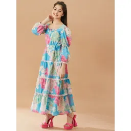 PSPeaches Kids Blue Floral Printed Fit And Flare Tiered Cotton Maxi Dress image 5