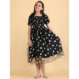 PTVIZE Girls Floral Printd Puff Sleeve Net Fit & Flare Midi Dress-picture-51