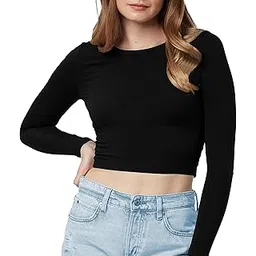 PUERY Basic Women's Sexy Crop Scoop Neck Solid Tops Black Saree Readymade Full Sleeve Blouse for Women-picture-24