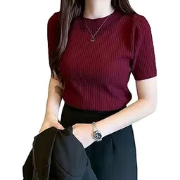 PUERY Plain Round Neck Rib Knit Regular Top for Women-picture-22