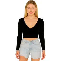 PUERY Women Solid V-Neck Long Sleeves Cotton Crop Fitted Top-picture-23