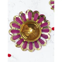 PujaNPujari Brown & Pink Textured Lotus Brass Diya-picture-10