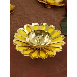 PujaNPujari Gold Toned & Yellow Textured Lotus Brass Diya-picture-30