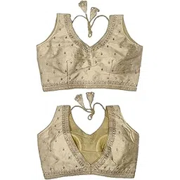 pujia mills Women's Indian Ethnic Wear Designer Golden zari Embroidery with Sequence Work V Neck Sleeveless Readymade Worked Saree Blouse for Party-picture-55