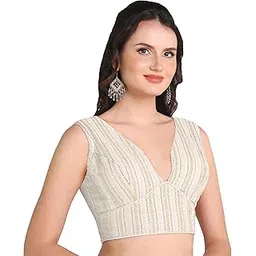 pujia mills Women's Indian Ethnic Wear Sabyasachi Sequence with Dhaga Embroidered Zari Work Sweetheart Neck Blouse Sleeveless Readymade Padded Saree Back Open String Pattern Blouse-picture-31