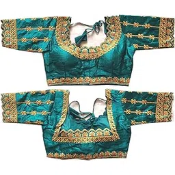 pujia mills Women's Multicolor phanotm Silk Embroidery Heavy Thread Sequence and zari Work Readymade Saree Blouse-picture-27