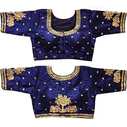 pujia mills Women's Multicolor Phantom Silk Heavy Elephant Gold Thread Embroidery Sequins zari Work Half Sleeves Readymade Saree Blouse (38 Size +Margin)-picture-23