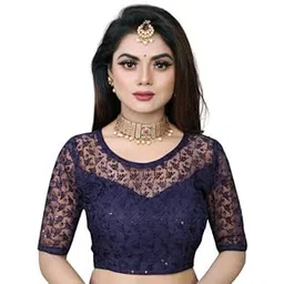 pujia mills Women's Shipali Net Work Half Sleeves Readymade Saree Blouse-picture-28