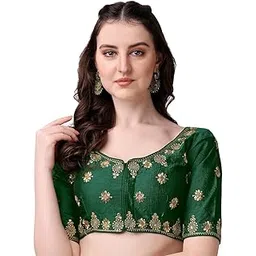 pujia mills Women's Silk Embroidery Coding Multi Work Readymade Half Sleeve Saree Blouse-picture-31