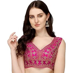 pujia mills Women's Silk Embroidery Sequins Zari Work Readymade Saree Blouse-picture-43